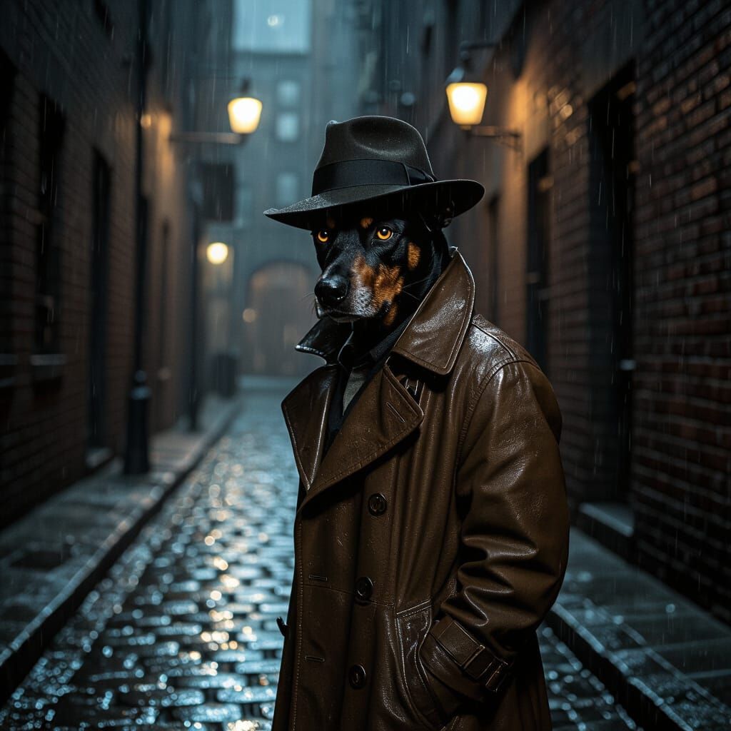 German Pinscher Detective in Rainy City Alley