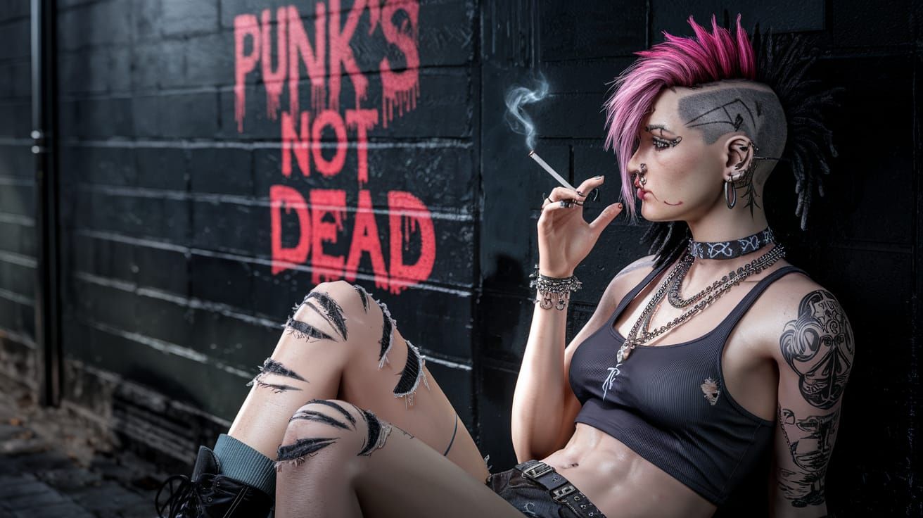 A slender punk female sitting reclined against the wall of a...