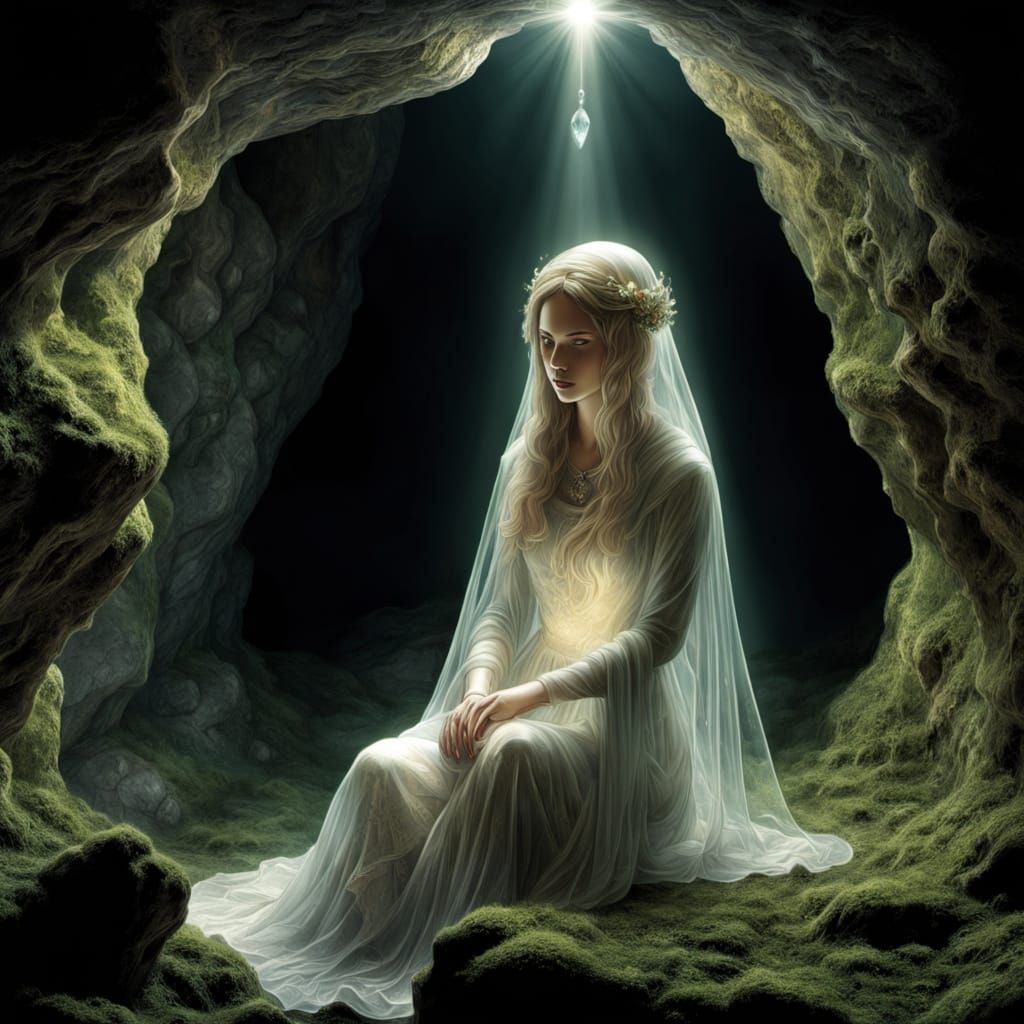 Mystical Cave with Crimson Crystal, Medieval Engraving