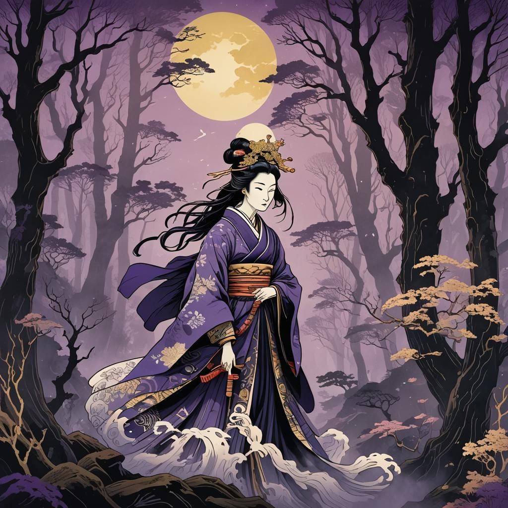 Victorian Queen in Mystical Forest, Ukiyo-e Illustration