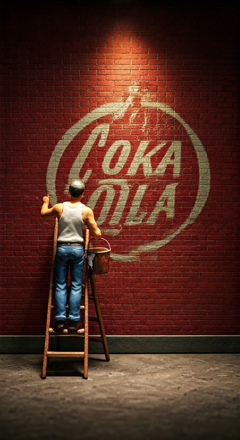 Miniature Worker Painting a Vintage Coca-Cola Logo