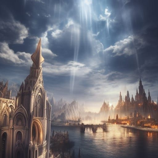 White Stone Fantasy City with Copper Details