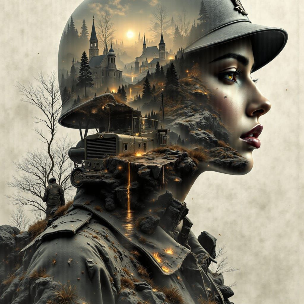 Abstract Soldier Portrait in Foxhole, Double Exposure Style