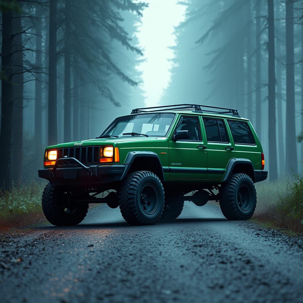 Swamp Green Jeep Grand Cherokee on Misty Road