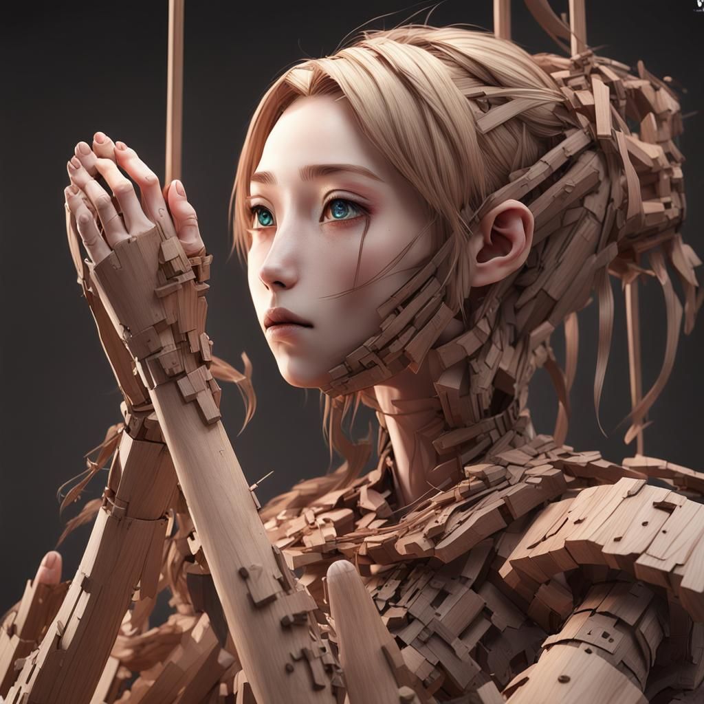 Woman that is being transformed into a wooden puppet.