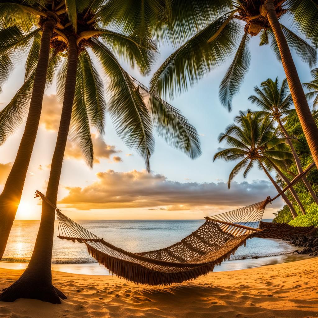 Hawaiian Sunset: Hammock, Tiki Hut, and Hula Girls