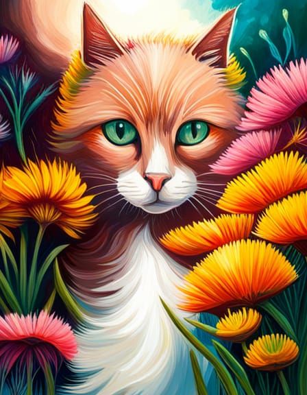 Black Cat Among Colorful Wildflowers in Oil Gouache