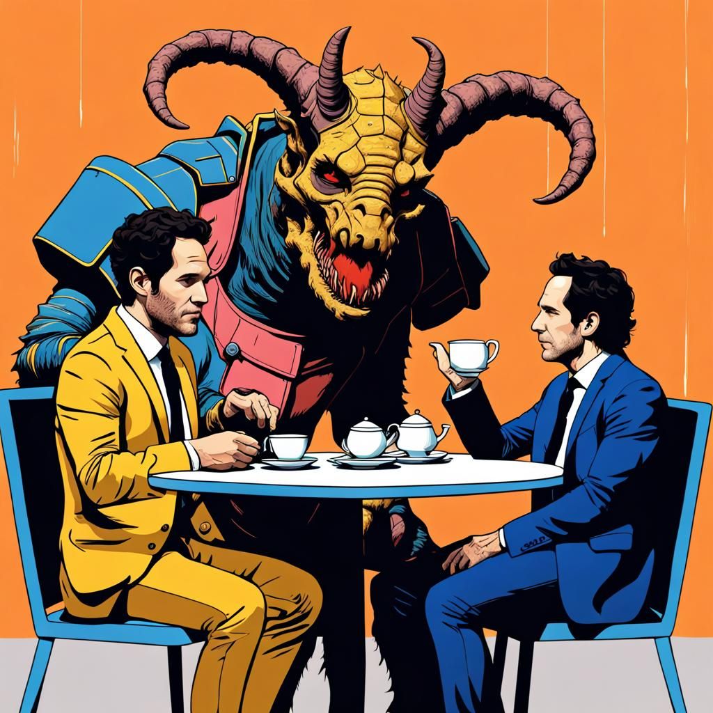 Deathclaw and Paul Rudd: Pop Art Tea Party