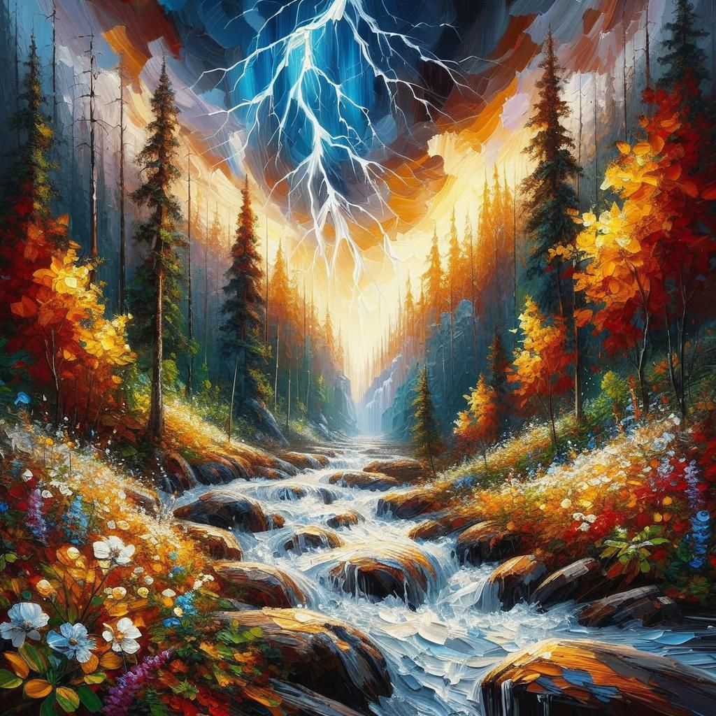 Autumn Lightning Storm Impasto Painting