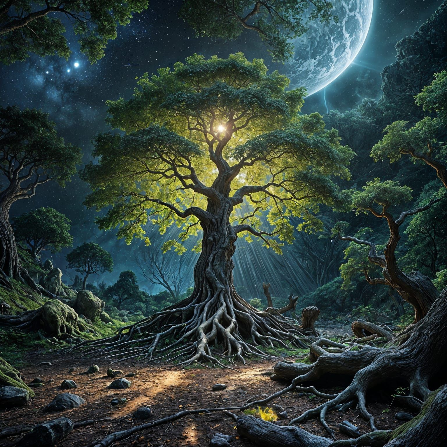 Ethereal Ash Tree Suspended in Cosmic Space