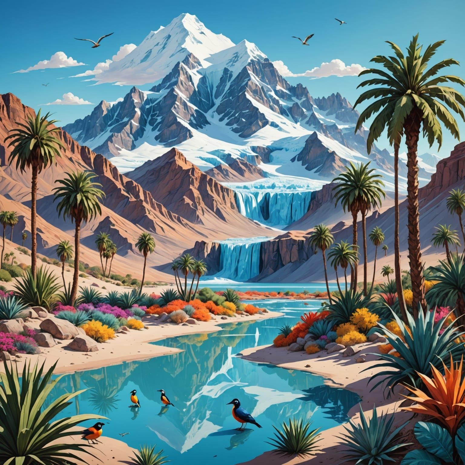 Surreal Desert Oasis with Glacier Mountain