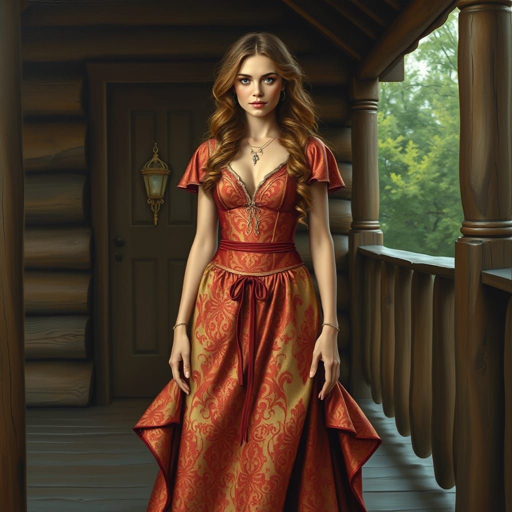 Woman in Brocade Dress on Cabin Porch