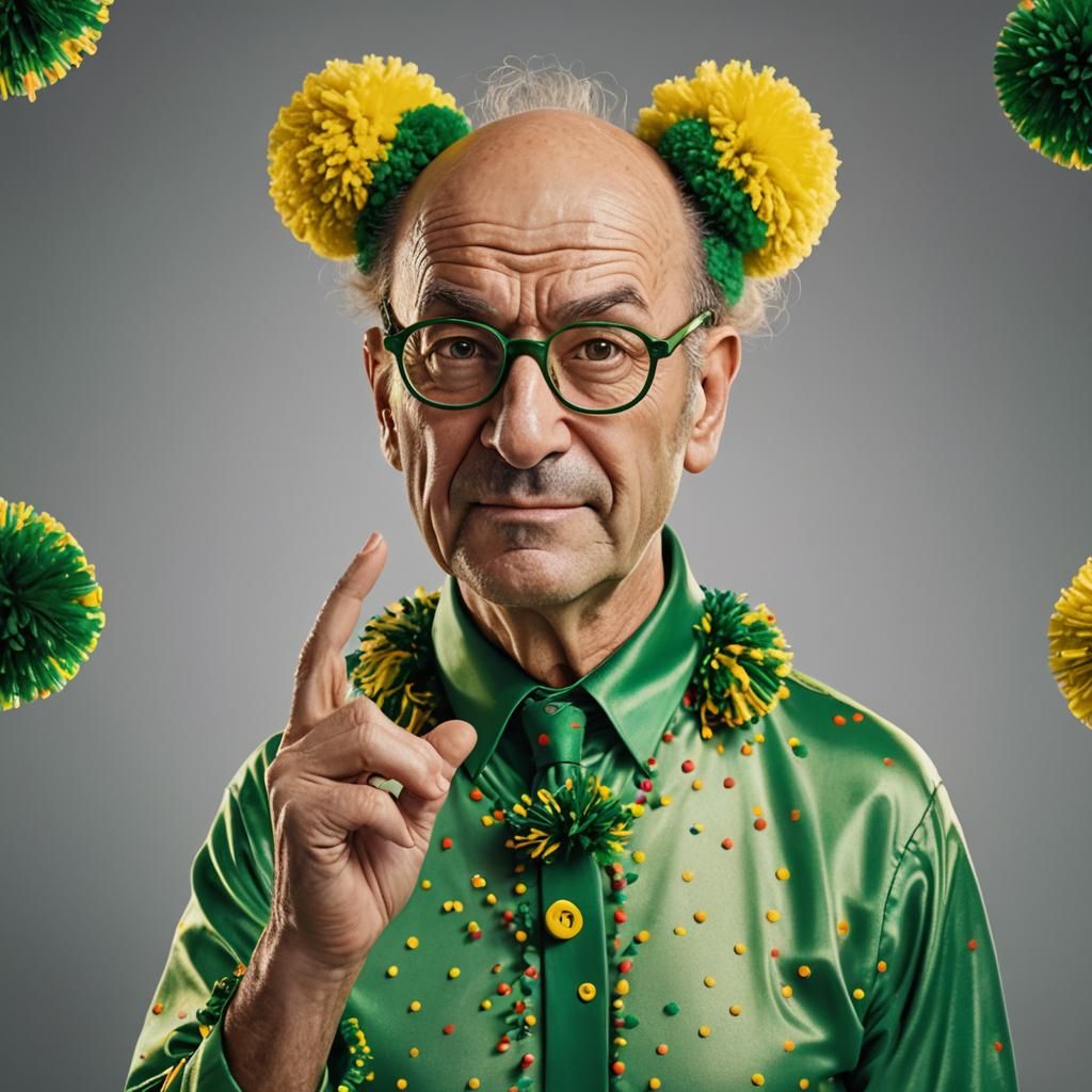 Image hyper realiste d'un homme de cinquante ans avec calvitie et lunettes déguisé en pompom girl habillé de vêtements v...