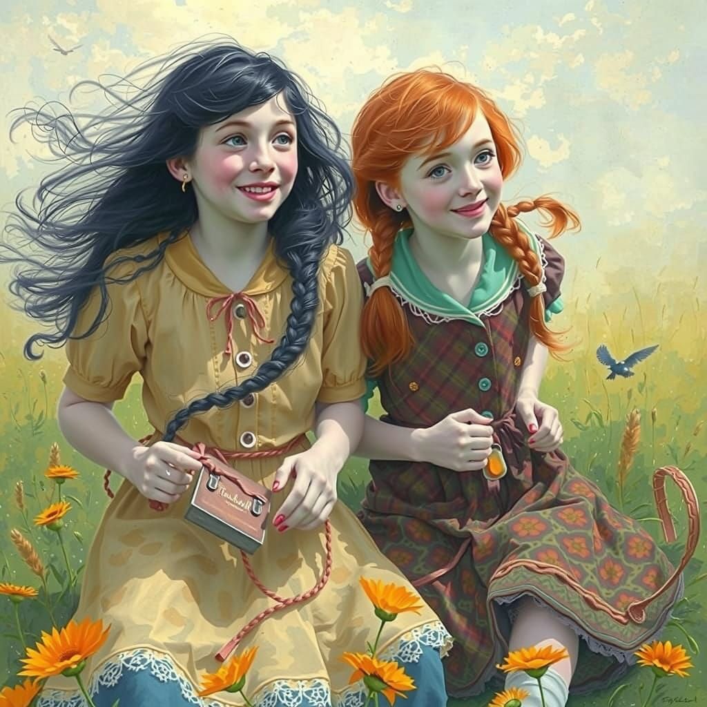 Edwardian Girls' Joyful Friendship: Gouache and Watercolor P...