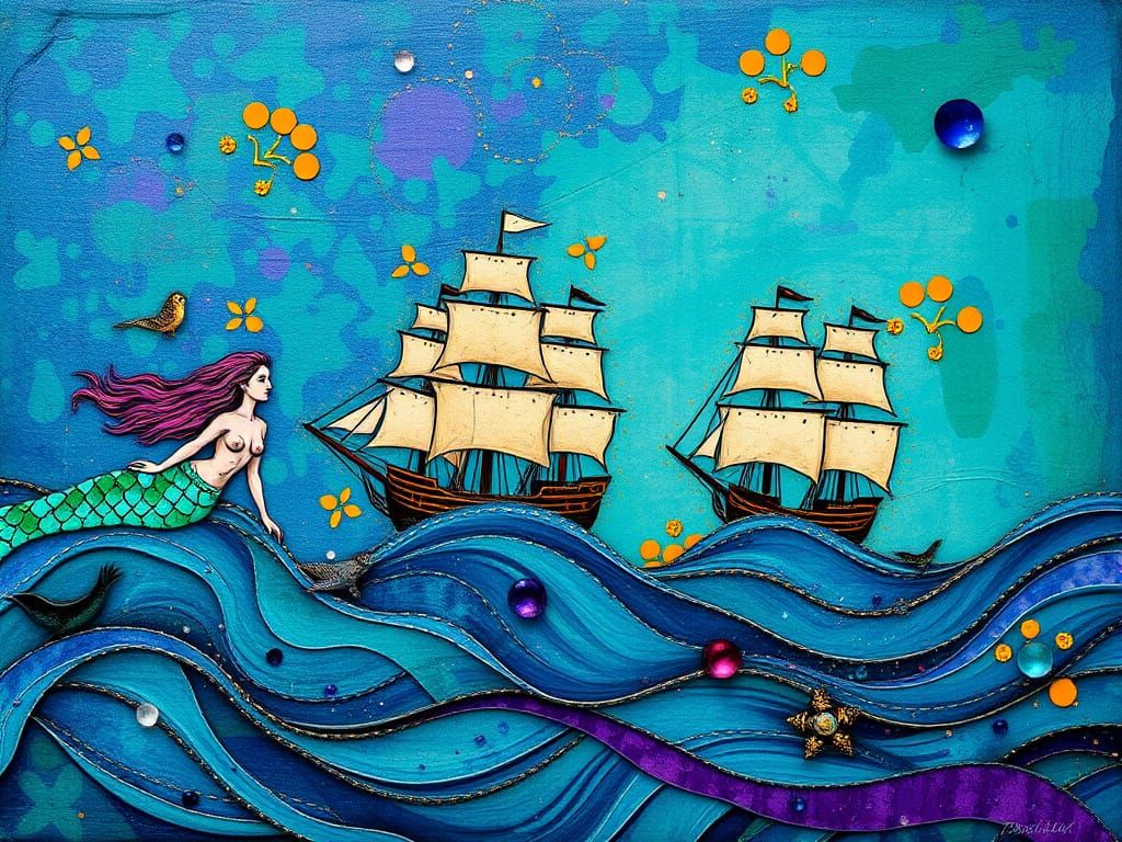 Mystical Atlantis Scene in Vibrant Folk Art Style