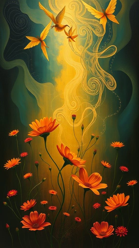 Surreal Flowers in Heatwave, Art Nouveau Style