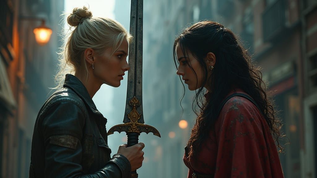 Two Powerful Women Engage in a Tense Standoff in a Dark Urba...