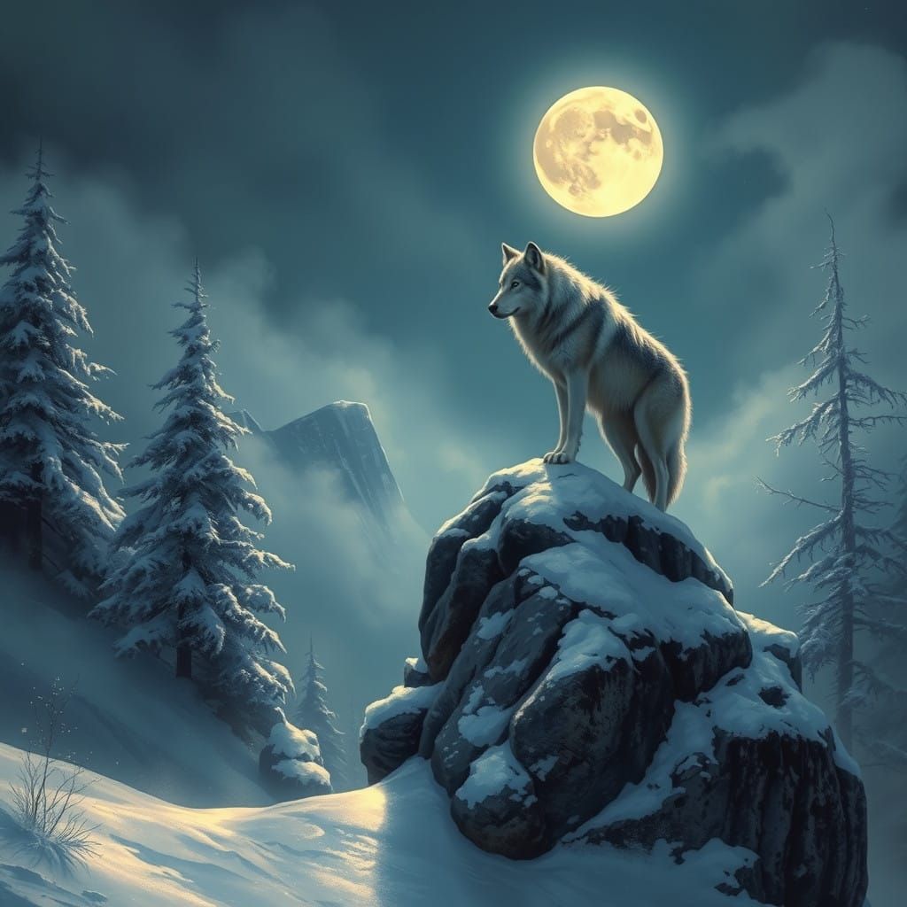 Ethereal Wolf Emerges from Frosty Nighttime Landscape