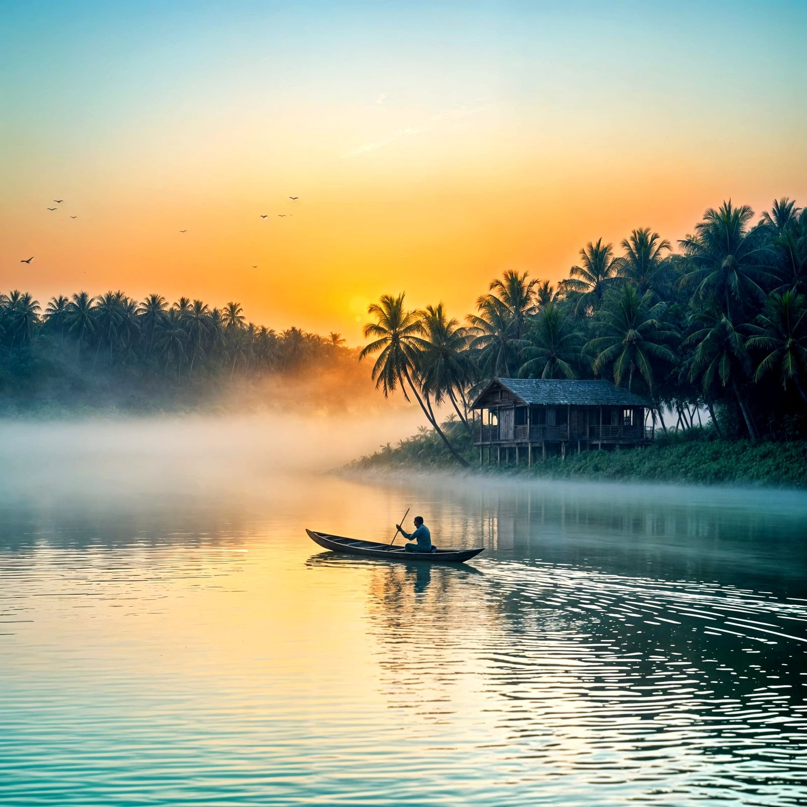 Misty Dawn in Kerala's Coconut Groves