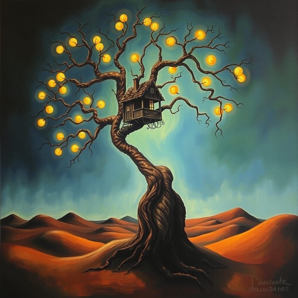 Surreal Tree Lamp Illuminating Floating House