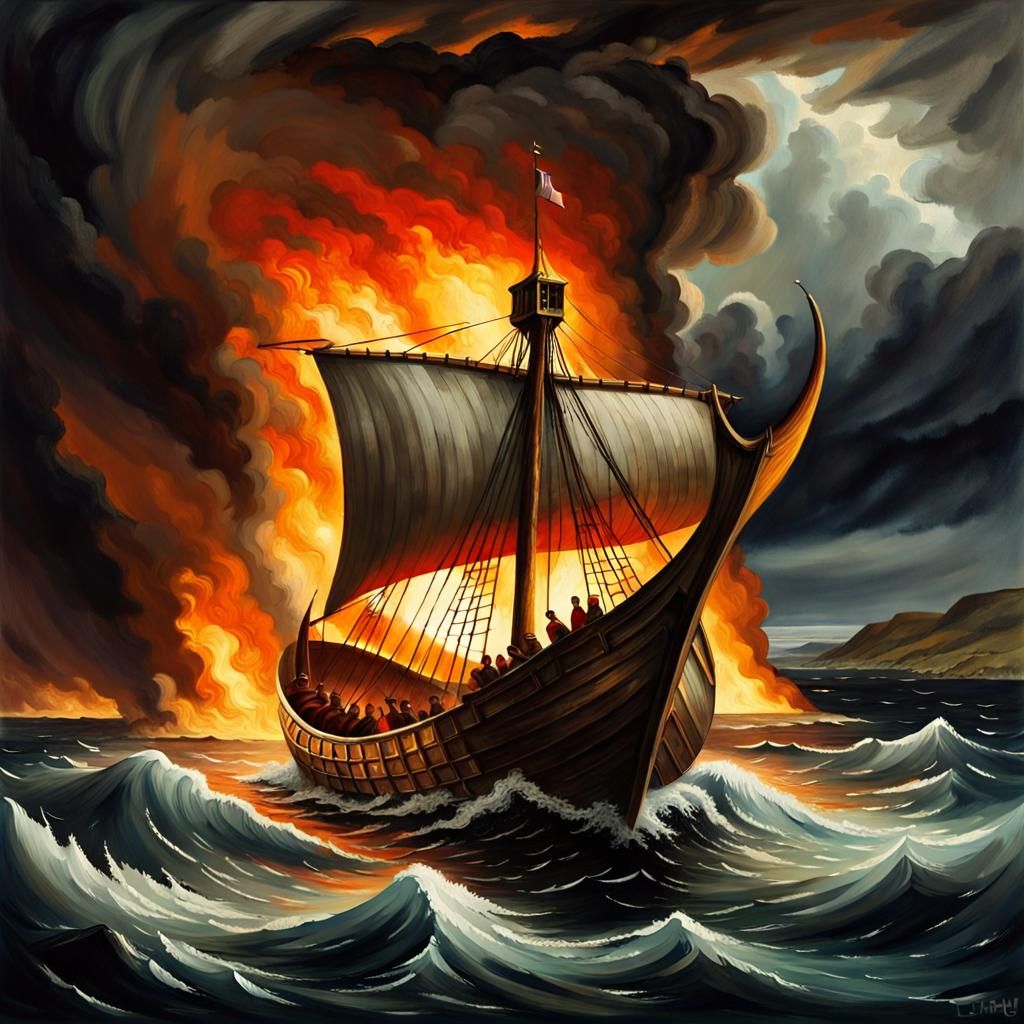 Viking Longship Sails Away from Burning Shetland Village