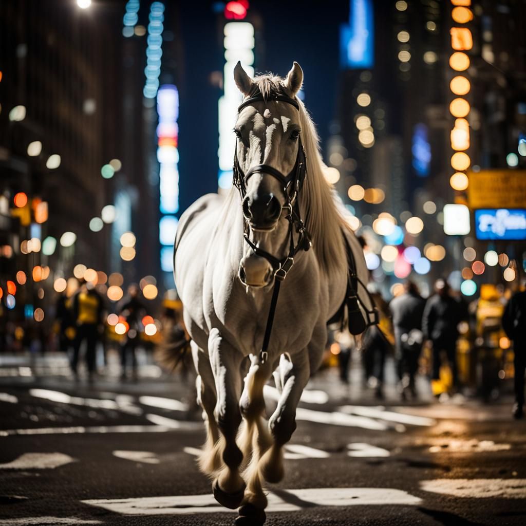White Horse Strolls New York Streets at Night