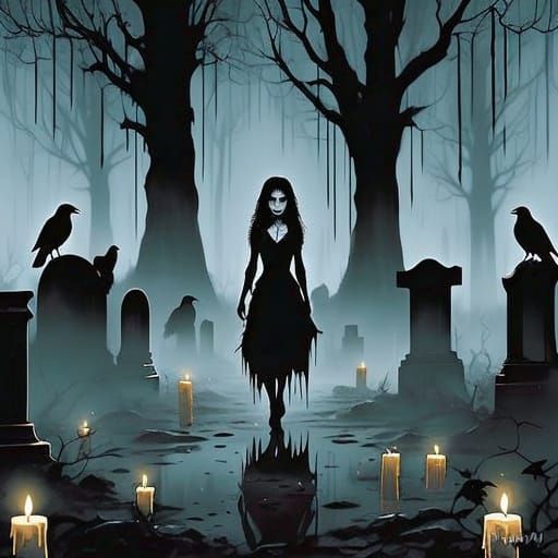 Gothic Girl in Misty Graveyard at Twilight