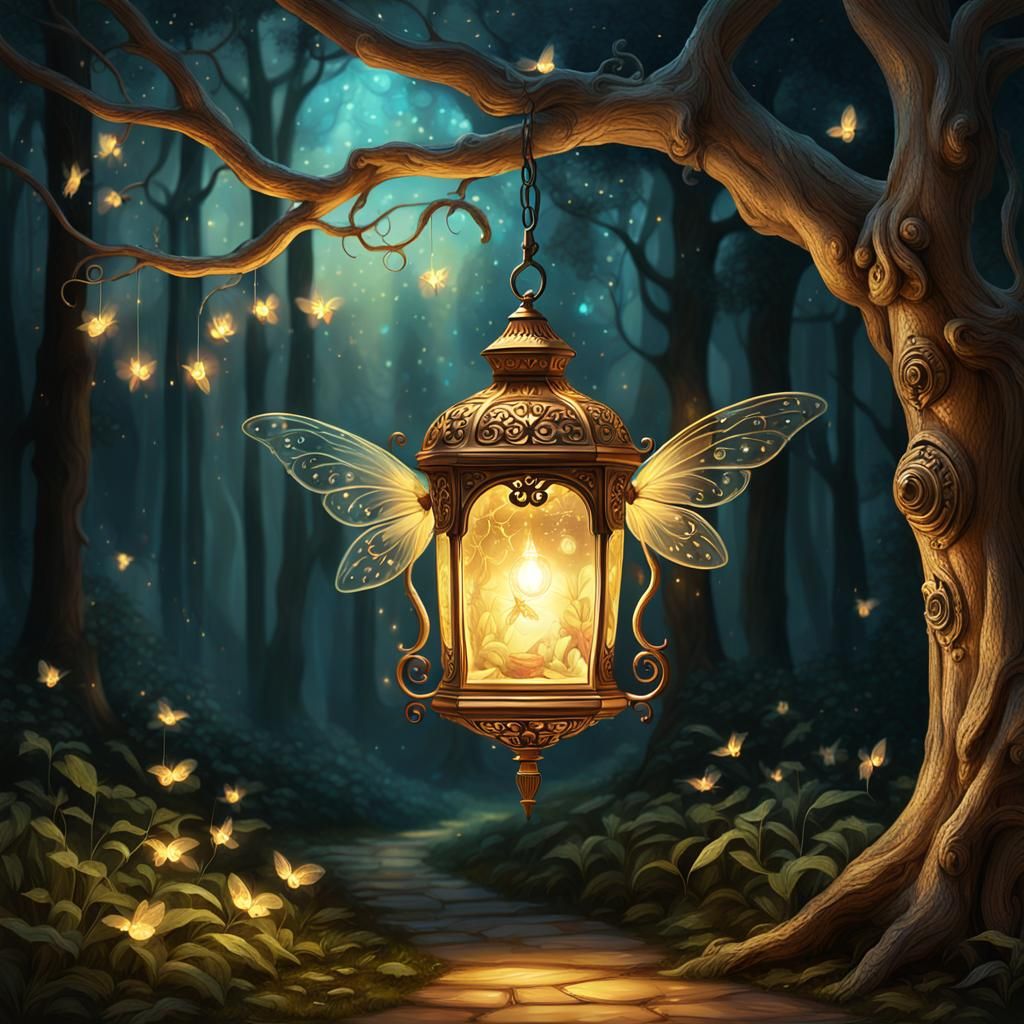 Victorian Lamp with Fairies in Whimsical Forest