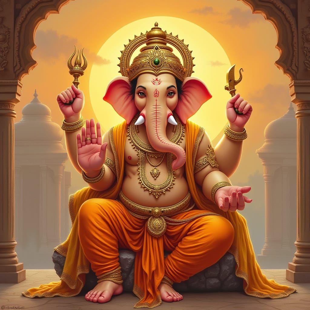Lord Ganesh in Majestic Ram Avatar with Golden Armor