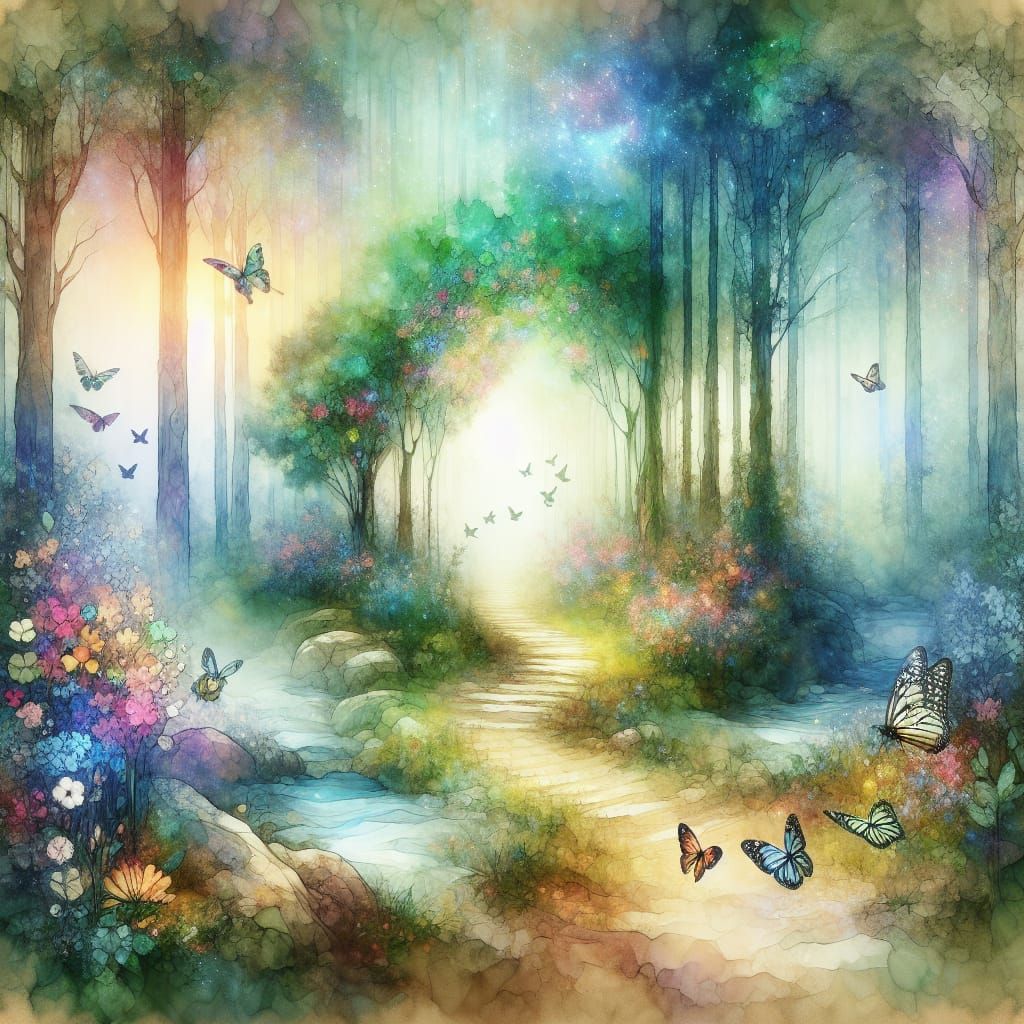 Magical Forest Path in Watercolor with Holographic Elements