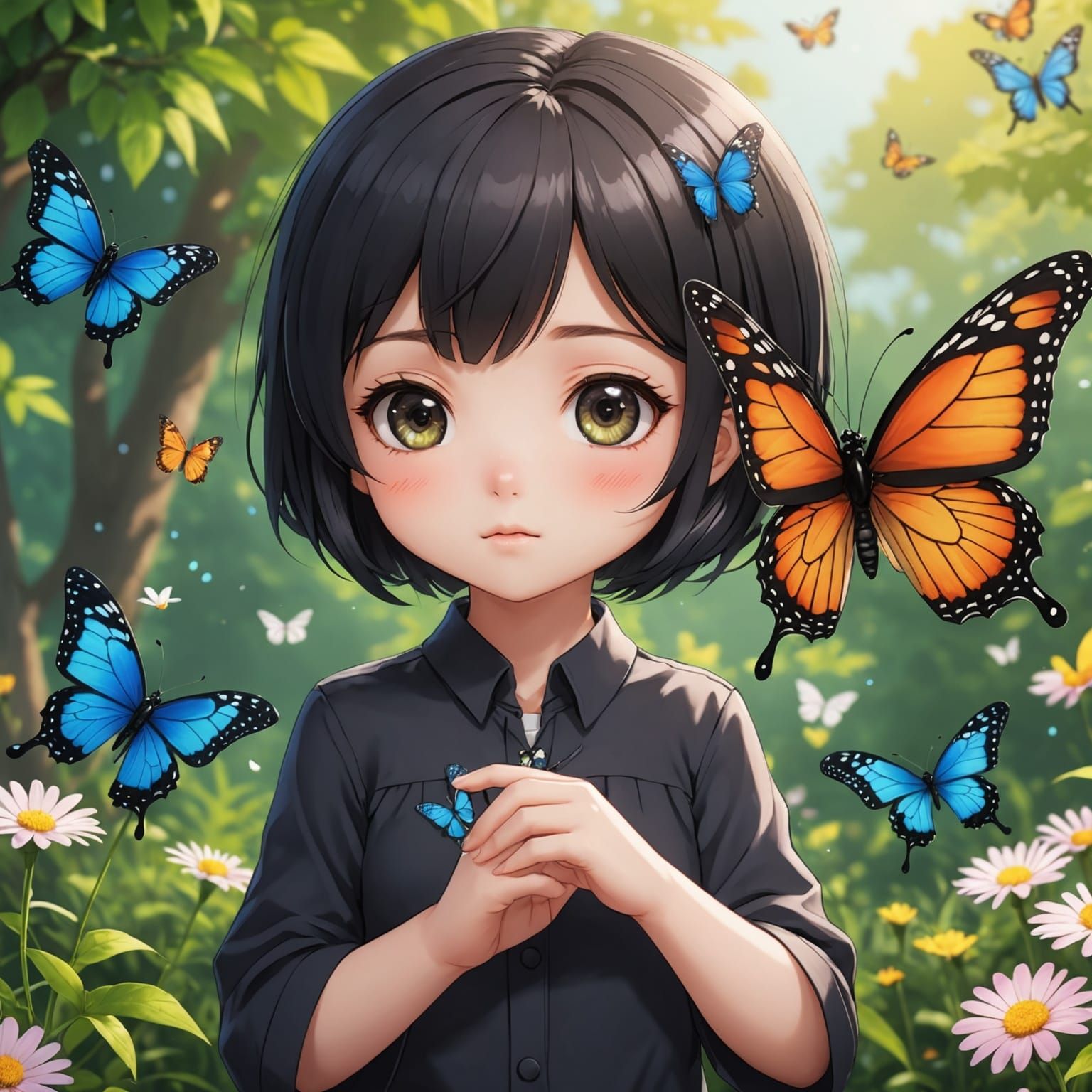 Anime Girl with Butterfly in Chibi Style