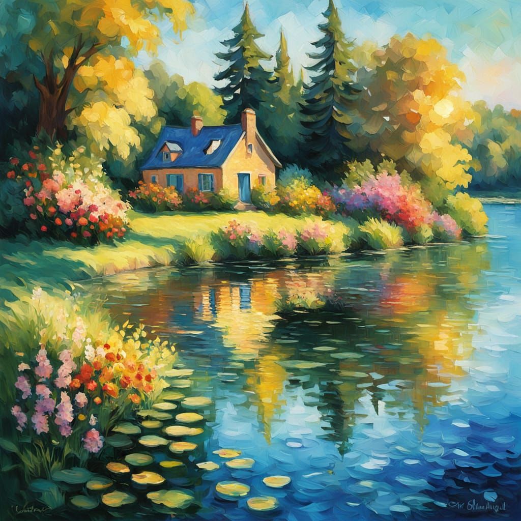 Cozy Lake Cottage in Impressionist Digital Painting