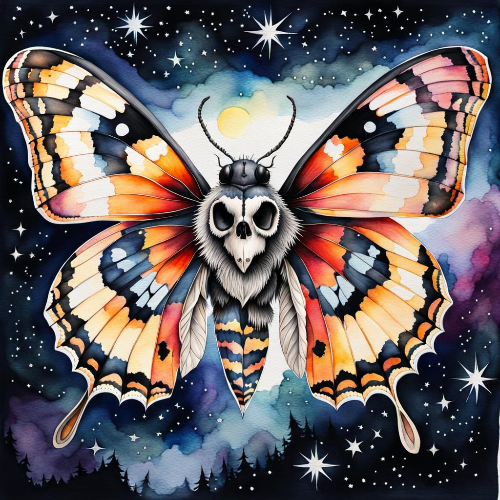 Watercolor Moth with Skull Face in Starry Night