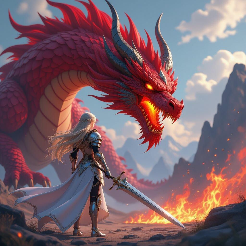 Anime Knight Battles Fiery Dragon in Otherworldly 3D Art