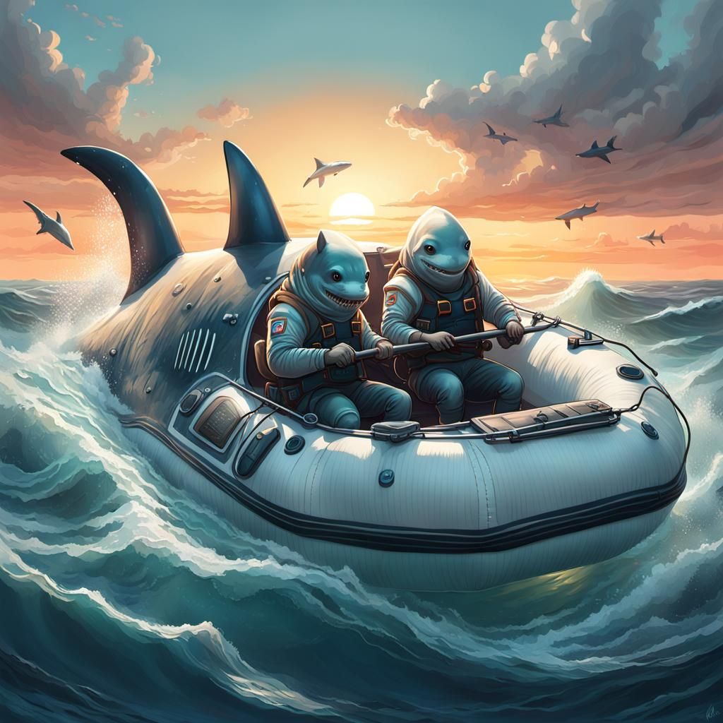 Aliens in Lifeboat with Shark, Hyperrealistic Digital Art