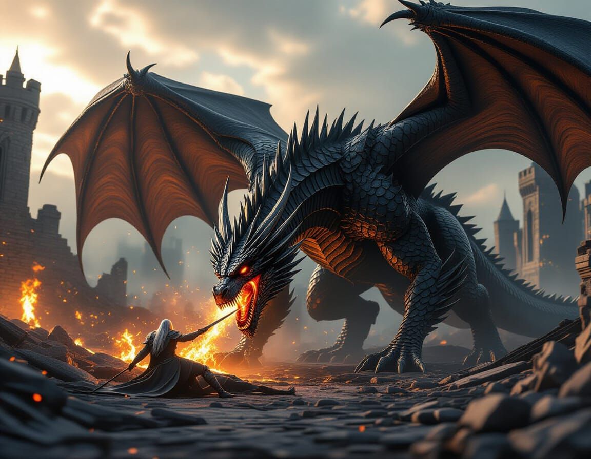 Colossal Black Dragon Feeds on Elf Warrior in Burning City