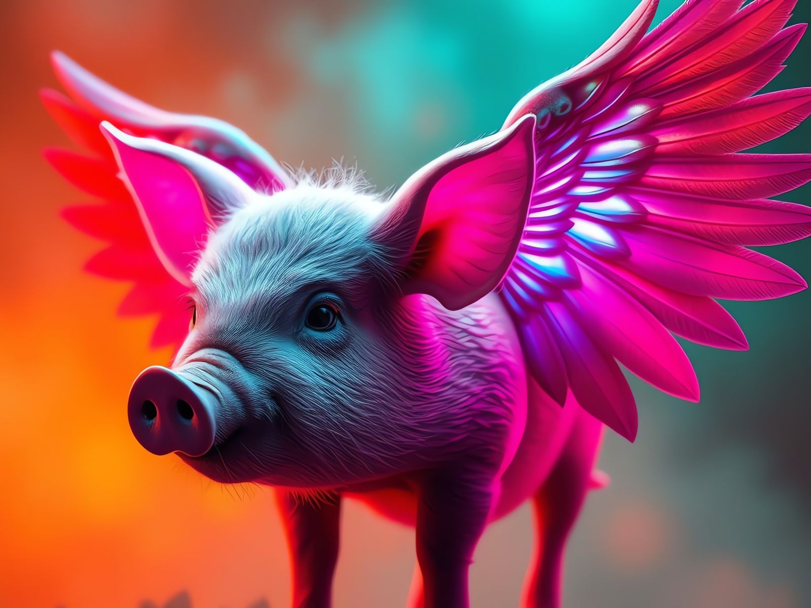 Winged Pig with Iridescent Feathers in Detailed Concept Art