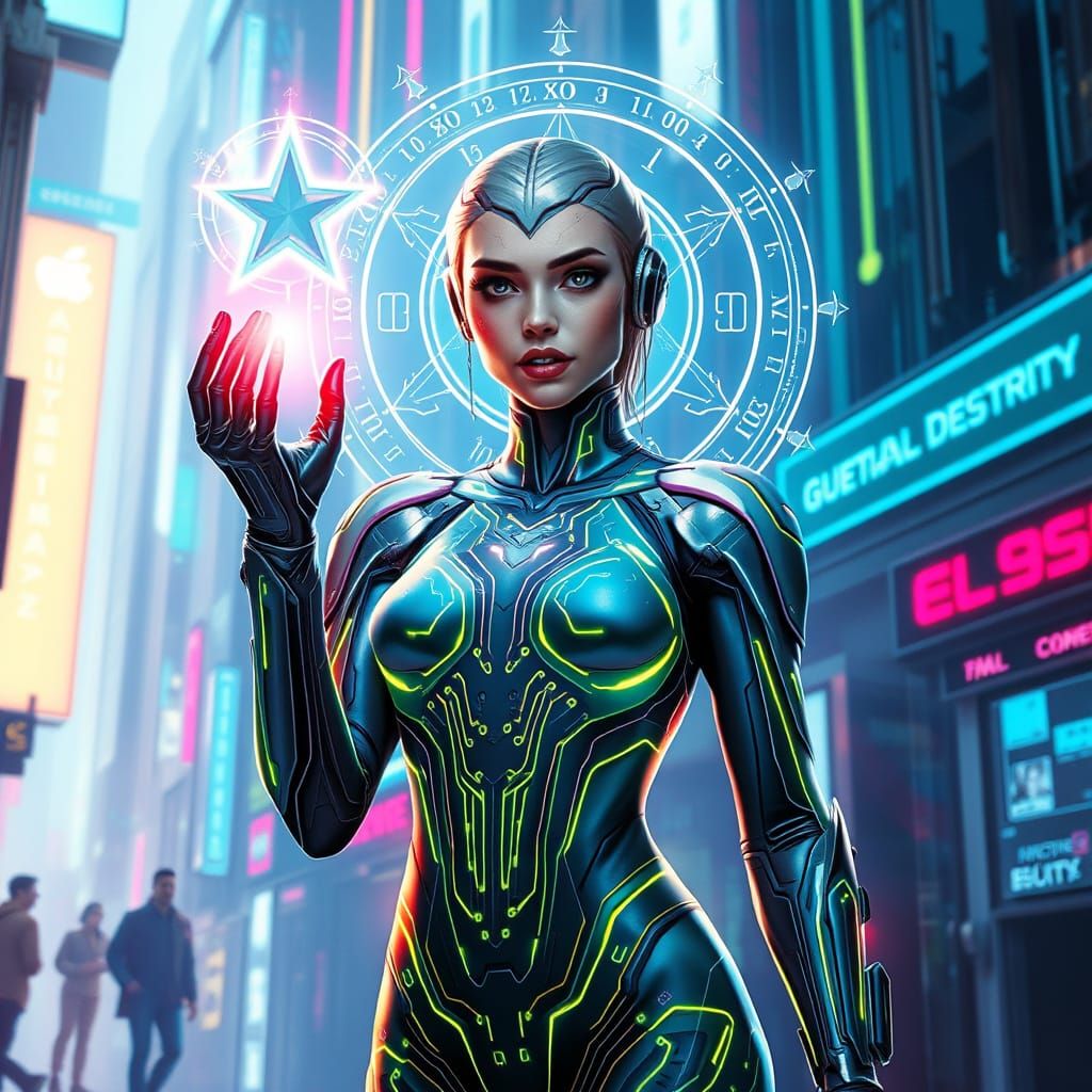 Cyber-Mage in Neon-Lit Cyber City