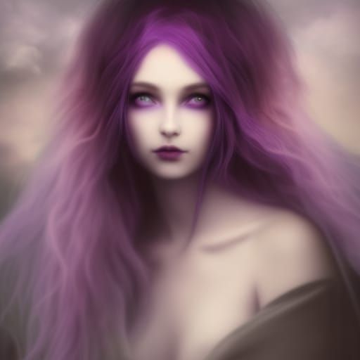 Dark fantasy ethereal Gothic witch with long purple hair with lavender highlights& purple eyes& purple eyeshadow& Black ...