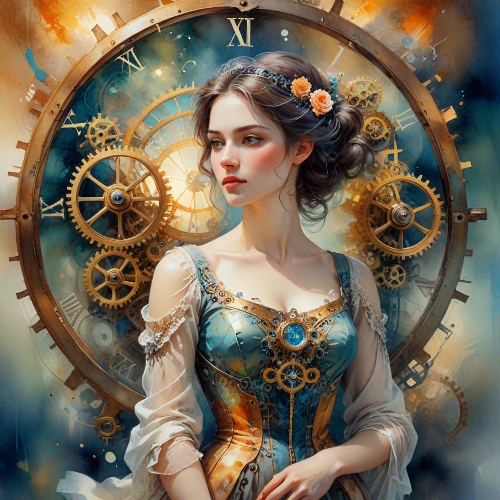 Elegant Woman in Steampunk Attire, Watercolor Masterpiece