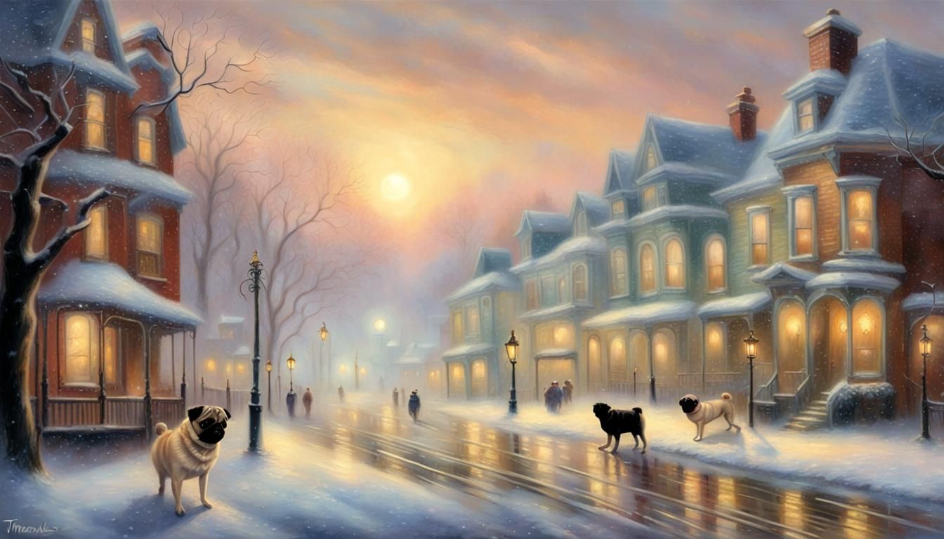 Pug in Victorian Winter Town: Kinkade Style