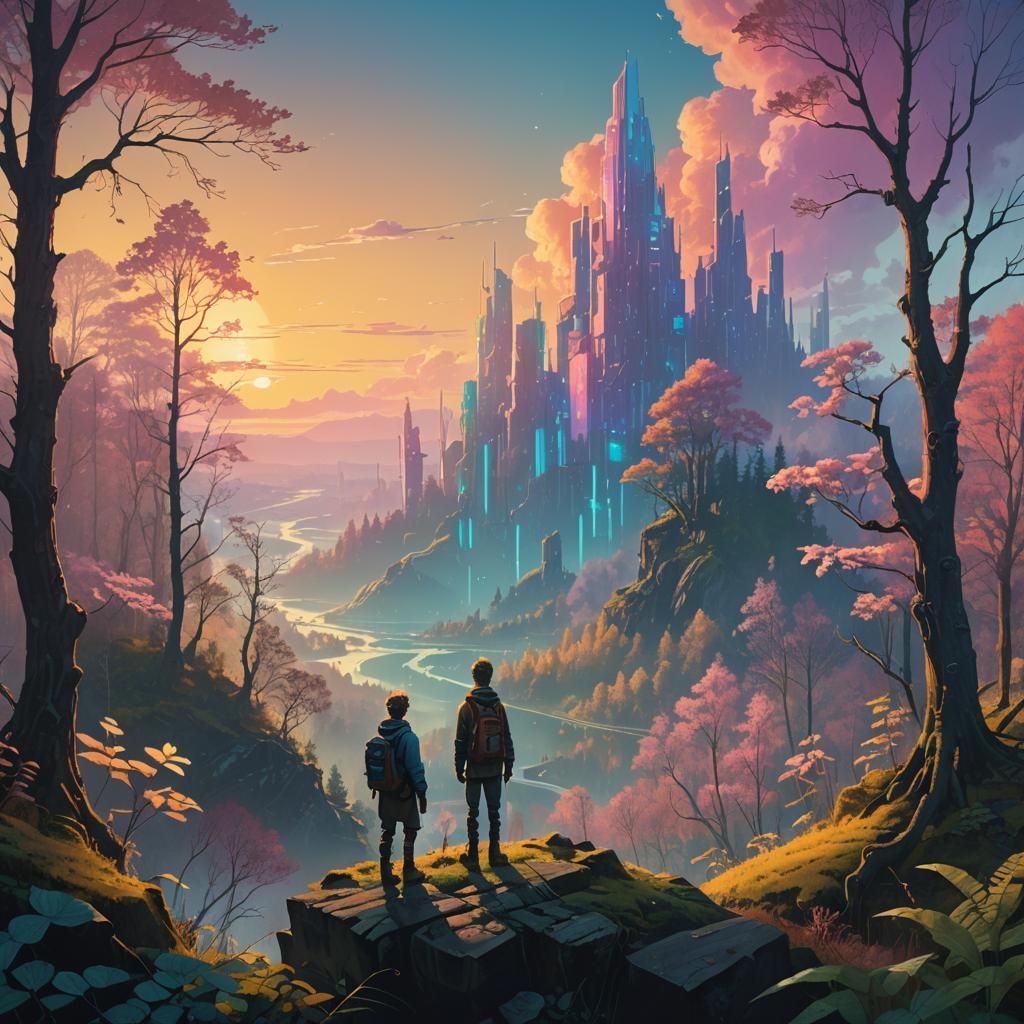 Hopeful Figure Gazes at Iridescent Cityscape