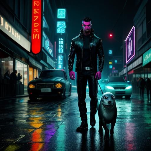 Seal, Dog, Human, Shark Hybrid in City at Night