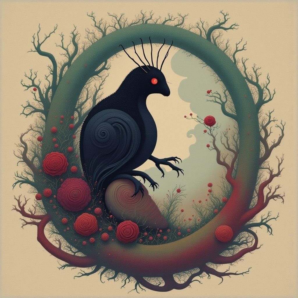 Surreal Crimson Crowned Goddess with Cicada Song Inspiration