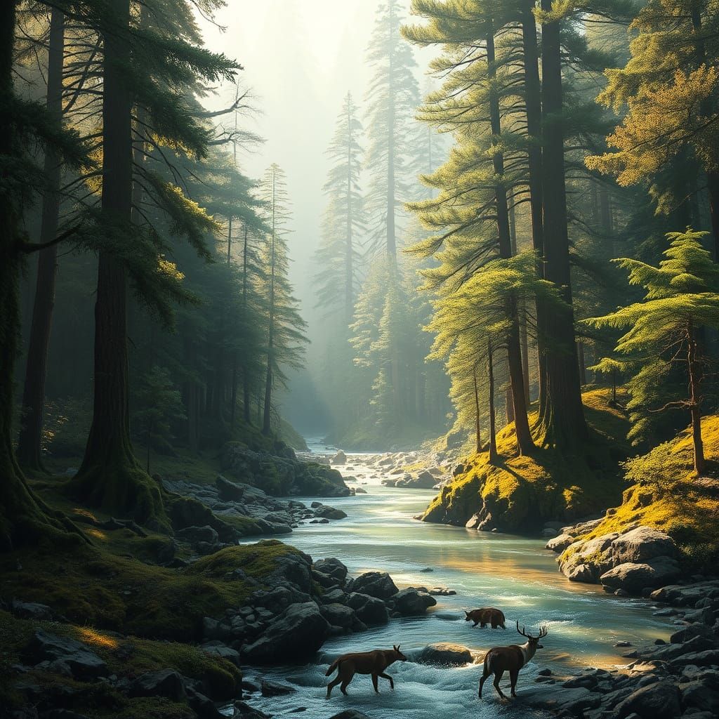 Ancient Forest Wilderness with Golden Sunlight