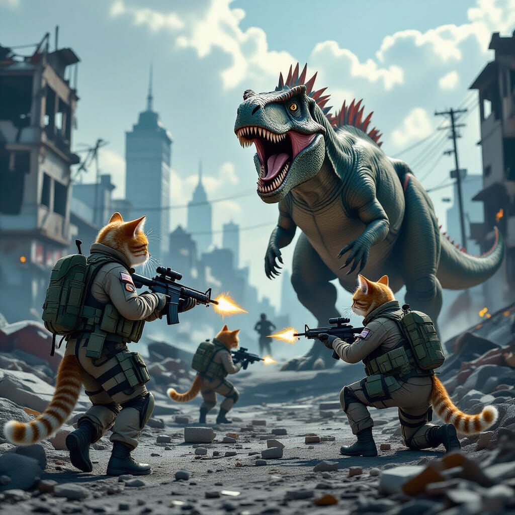 Humanoid Cats and Dogs in Urban Warfare Ambushed by Dinosaur