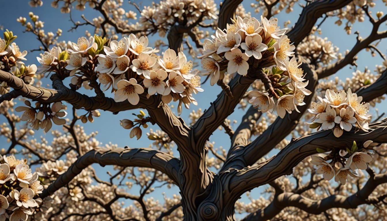 Twisted Blossoming Tree in 3D Shaded Close-Up
