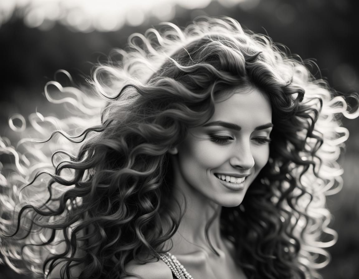 Windblown Portrait of Young Woman in Black and White