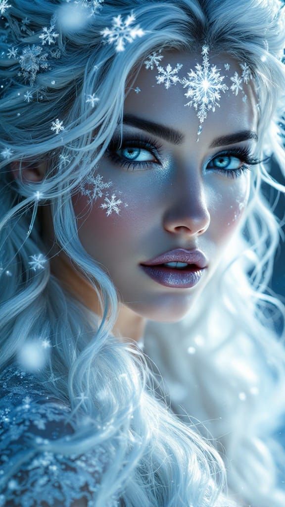 Regal Frost Goddess in Shimmering Winter Night