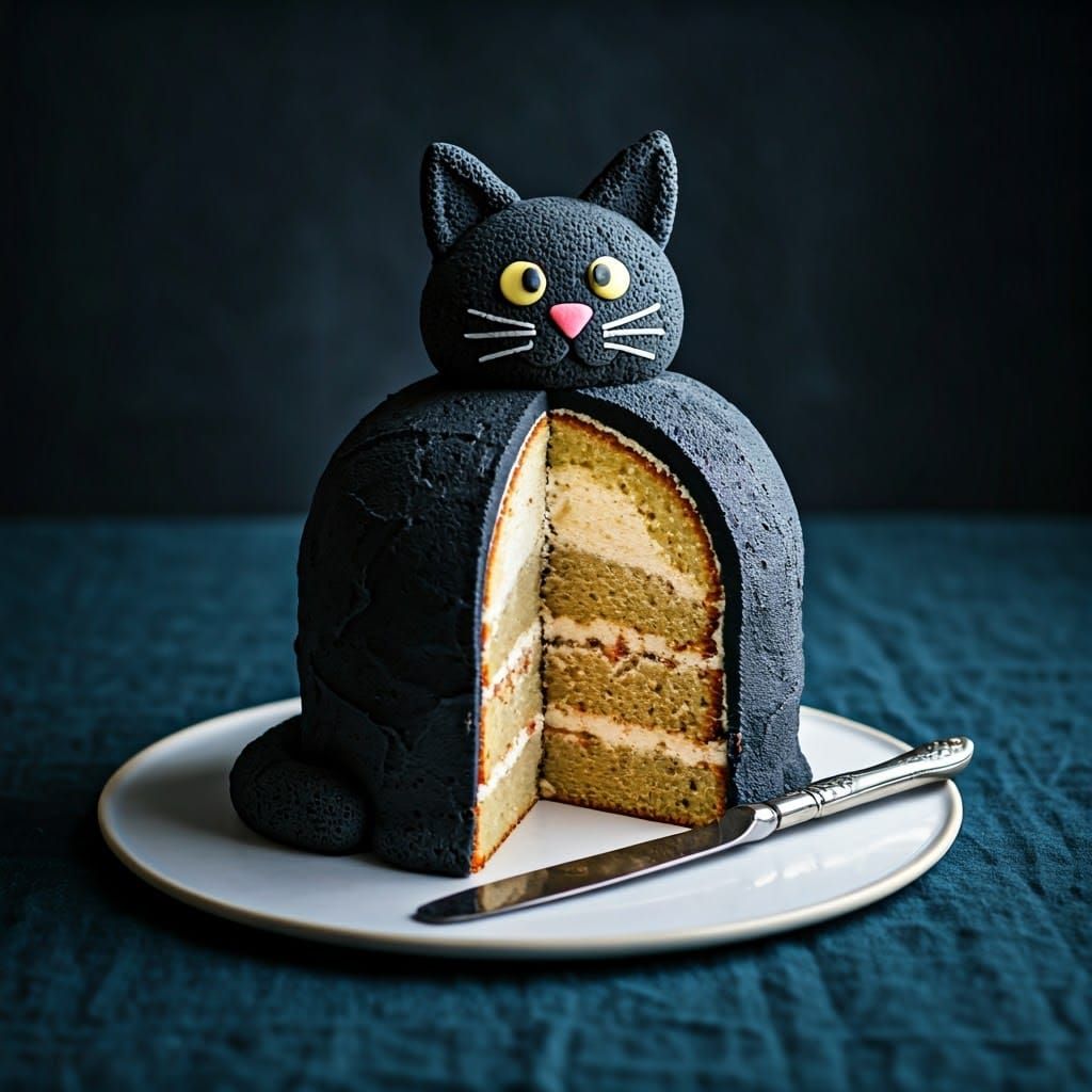 Whimsical Black Cat Vanilla Cake Folk Art